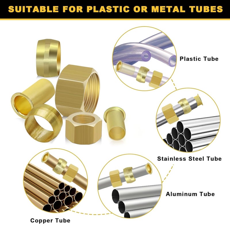 Siptenk 255PCS Brass Compression Sleeves Ferrules Inserts Nuts Fittings for Tube OD 1/2" 3/8" 5/16" 1/4" 3/16" 1/8", 6 Sizes Hose Compression Fitting Brass Ferrule Kit - Image 5